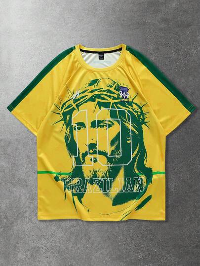 Prep T-shirt à manches courtes col rond décontracté pour hommes, imprimé football, été