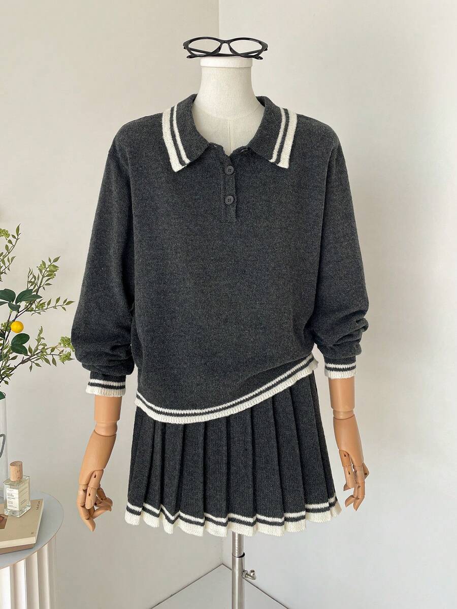 SHEIN Unity Suéter feminino de lã com gola alta e mangas compridas, estilo retrô universitário, casual e confortável para uso diário, volta às aulas, chá da tarde e outono. - Cinza escuro - Ver 1