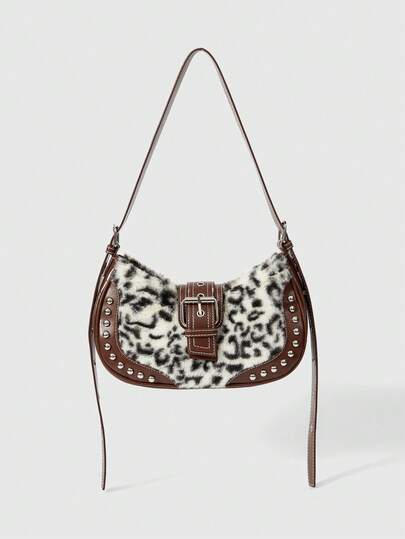 Grunge Punk Bolso de hombro de mujer con estampado de leopardo vintage y patchwork de moda