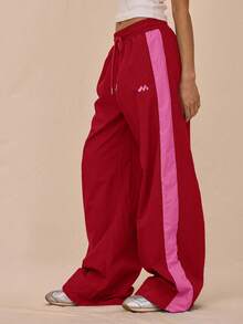 MUSERA Drawstring Waist Nylon Contrast Panel Wide Leg Tracksuit Bottoms Only Airport Casual The Book Shop Fall Autumn Summer - Burgundy - View 3