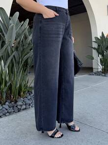Nezia Cruz Plus Size Women Loose Casual Retro Denim Wide Leg Pants With Pockets - Black - View 4