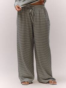 MUSERA Plus Wide Leg Baggy Drawstring Stripe Trousers Only Casual Cute Cosy   Night In - Black and White - View 2