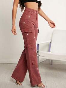 Denimoi 秋冬季女装，女士中腰黑色水钻装饰多口袋直筒休闲工装牛仔裤。适合日常穿着、外出、音乐会、节日、派对、夜店、圣诞节等场合。 - 紅色 - 查看 3