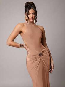 xheSilquee Vestido de cóctel elegante para mujer con cuello alto, manga larga, espalda descubierta y sexy, decorado con hebilla metálica, en color borgoña y claro, de tela de punto elástica, largo hasta el tobillo, adecuado para cóctel, cita romántica, vestido de punto maxi para otoño/invierno, fiesta formal, boda, dama de honor, vestido de noche, Halloween, Navidadxhe - Caqui - Ver 2