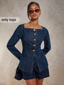 COSMINA Women's Solid Color Square Neck Button Front Long Sleeve Casual Denim Blouse, Old Money, Fall Women Clothes - Blue - View 1