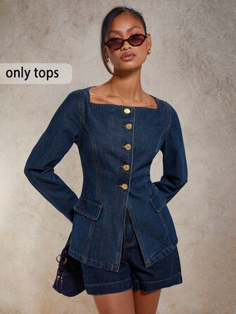 COSMINA 女式纯色方领前扣长袖休闲牛仔衬衫