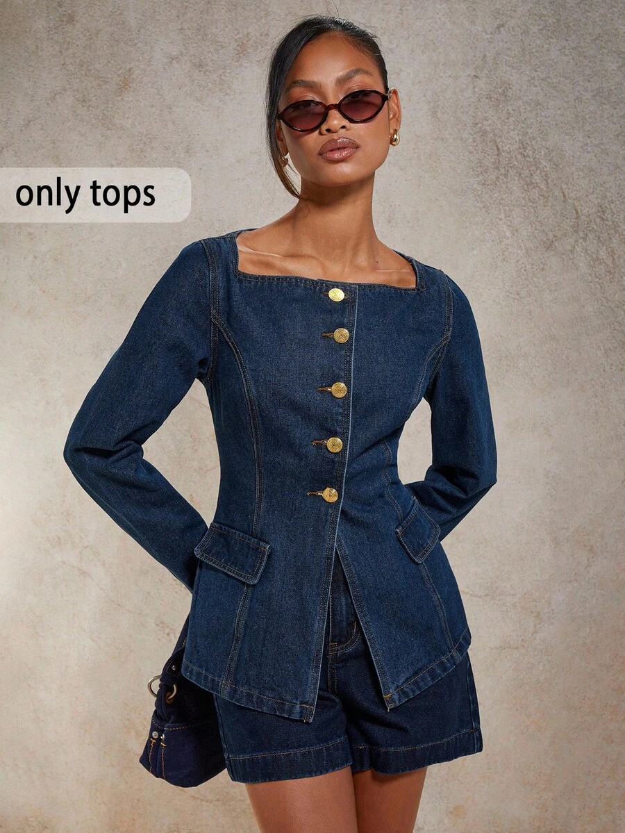 COSMINA Women's Solid Color Square Neck Button Front Long Sleeve Casual Denim Blouse, Old Money, Fall Women Clothes - Blue - View 1