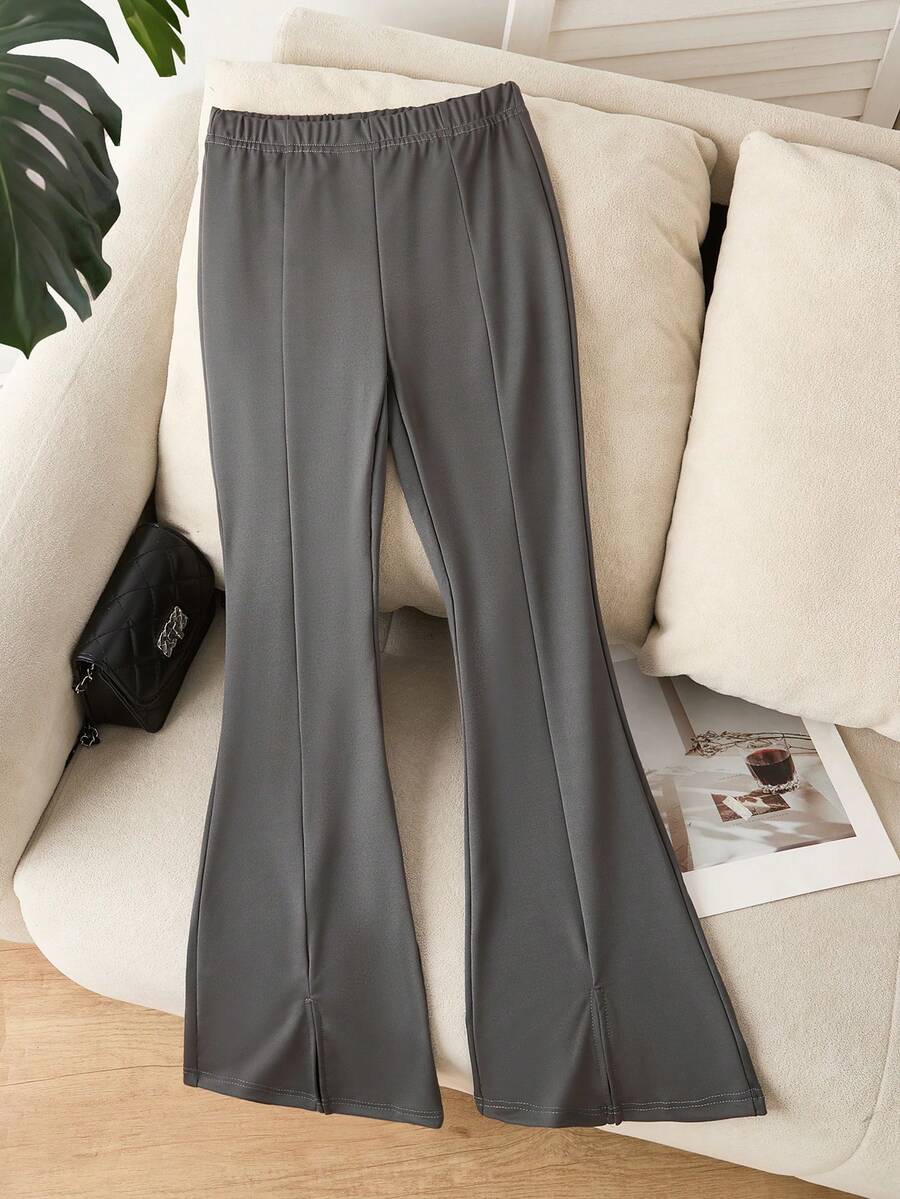 Sparklyn Tween Girls' Minimalist Solid Color Flared Leg Pants - Grey - View 1