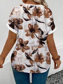 EMERY ROSE Plus Size Women's Fashion Casual Vacation Floral Print V-Neck Batwing Short Sleeve Loose T-Shirt, Summer - Multicolor - View 2