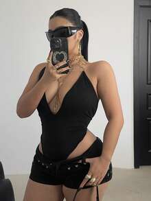 POPSWAY Plus Size Women Sexy Bodysuit With Metal Chain Decor, Fitted - Black - View 1