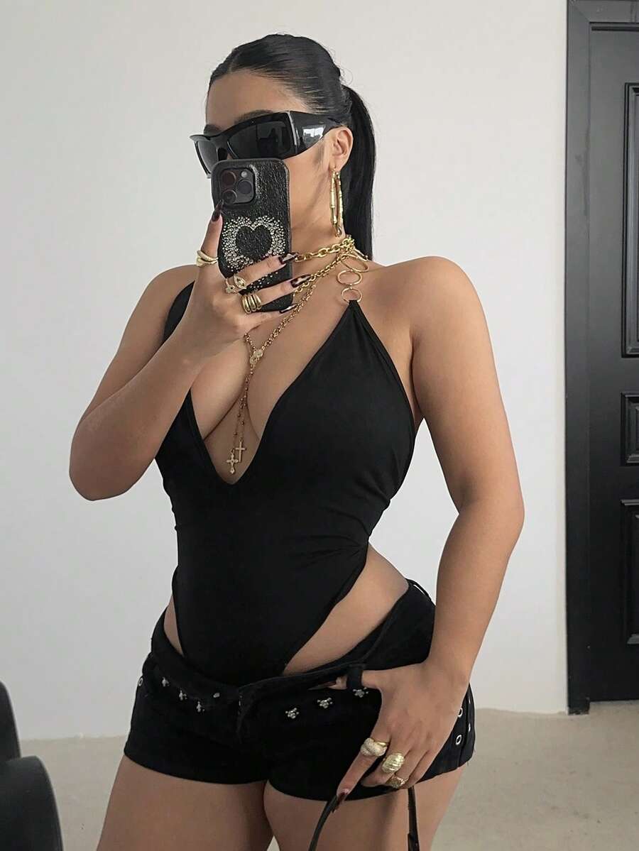 POPSWAY Plus Size Women Sexy Bodysuit With Metal Chain Decor, Fitted - Black - View 1