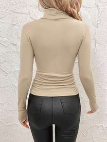 SHEIN Clasi 女士休闲杏色罗纹加绒高领修身加厚长袖T恤，适合秋冬季节，百搭实用 - 卡其色 - 查看 2