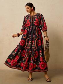 Travachic Plus Size Women's Pink & Green Tropical Plant Print Maxi Dress, V-Neck Tie Bow Long Sleeve Loose Casual Dress, Early Autumn Boho Dress Women Summer Dresses For Women With Sleeves Resort Dresses For Women Floral Print Dress French Dresses For Women Autumn Dress Going Out Dress Fall Clothes Fall Clothes Plus Size Autumn Clothes Wedding Guest Dress Elegant Old Money Beach Outfits For Woman Resort Wear Women Ibiza Outfit - Multicolor - View 3