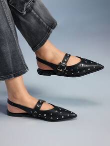 CUCCOO GRLICON Zapatos planos de moda casual diaria para mujer con diseño de hebilla - Negro - Ver 3