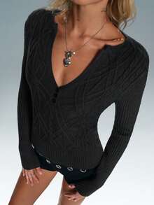 SHEIN TRNDY Women's Casual V-Neck Textured Slim Fit Relaxed Sweater, Long Sleeve - Dark Grey - View 5