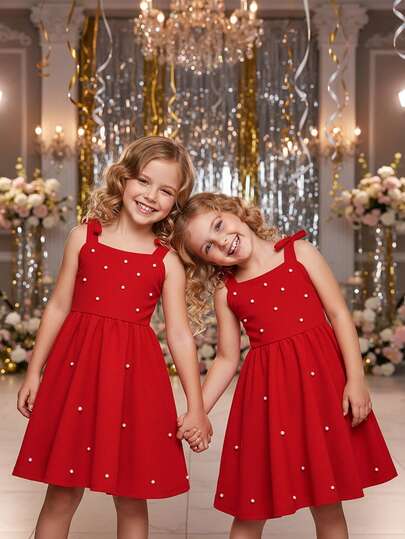 Sparklyn Toddler Girls' Cute Sleeveless Midi Dress With Bowknot, Crinkle Fabric, Pearls Decor, Elegant For Party, Casual Wear, Summer