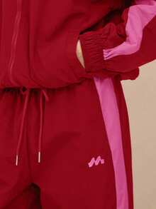 MUSERA Drawstring Waist Nylon Contrast Panel Wide Leg Tracksuit Bottoms Only Airport Casual The Book Shop Fall Autumn Summer - Burgundy - View 5