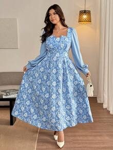 Vionelle 女士加大码法式提花拼接长袖连衣裙，春秋季 - 藍色 - 查看 7