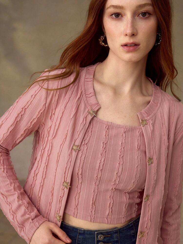 WOMEN'S AUTUMN/WINTER KNITTED TEXTURED BUTTERFLY DECOR CAMISOLE AND JACKET 2 PIECES SET