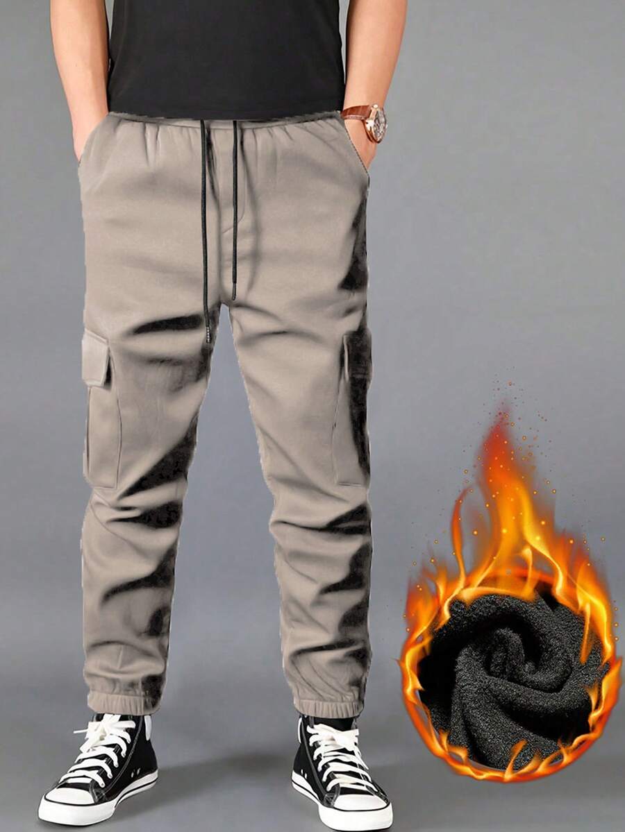 Manfinity Homme 男士抽绳腰带口袋休闲工装裤，带保暖内衬，适合秋冬季穿着 - 棕色 - 查看 1