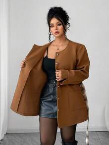 Elenzga Women's Pink And Grey Autumn Elegant Plaid Pattern Long Sleeve Poncho-Style Jacket,Waist Cinched Minimalist Coat With Pockets For Office Work Commute - Coffee Brown - View 8