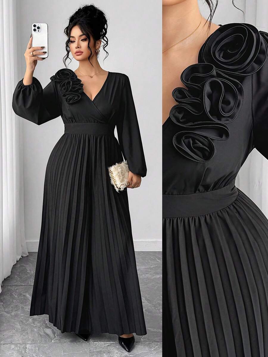 Elenzga Elegant Vintage French Romantic Floral Pleated V-Neck Jumpsuit, Casual & Commuting, Autumn/Winter