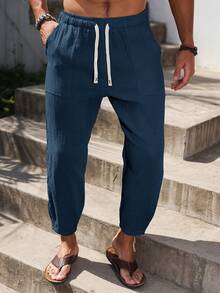 Manfinity RSRT 男士纯色休闲棉质长裤，带口袋 - 藏蓝色 - 查看 3