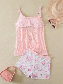 Swim Lushoire Women's Casual Vacation Beach Party Floral Print Bikini 2 Pieces Swimsuit Crochet Tank Top Pink Beach Outfit Pink Tankini Swimsuit Pink Summer Top Pink Lace Top - Pink - View 8