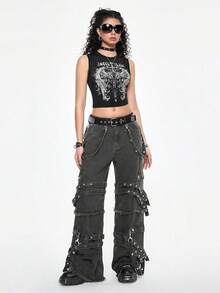 ROMWE Grunge Punk 休闲街头朋克风丝带金属织带装饰女士阔腿牛仔裤 - 深灰色 - 查看 6