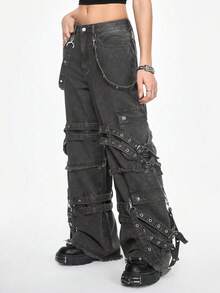 ROMWE Grunge Punk Casual Street Punk Ribbon Metal Webbing Decor Women's Wide Leg Denim Pants - Yellow - View 4