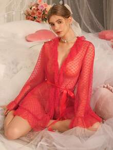 DelicateAllure Đồ ngủ hở lưng tay loe cổ chữ V sâu, phối lưới vá hình trái tim màu đỏ, gợi cảm và quyến rũ dành cho nữ - Đỏ - Xem 6