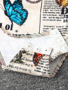 SHEIN Tween Girl Casual Everyday Newspaper Print Long Sleeve Jumpsuit - Apricot - View 3