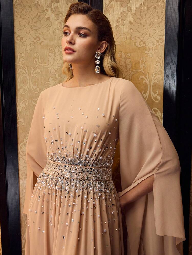 MOTF Soiréza WOMEN'S ELEGANT ROUND NECK ULTRA-LONG SLIT SLEEVE FLOOR-LENGTH PARTY GOWN – RHINESTONE FAUX PEARL BEADED CHIFFON DRESS, IDEAL FOR PARTIES, GALAS & NYE