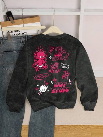 HOT STUFF X SHEIN Áo nỉ chui đầu in khẩu hiệu hoạt hình thời trang đường phố dành cho nữ