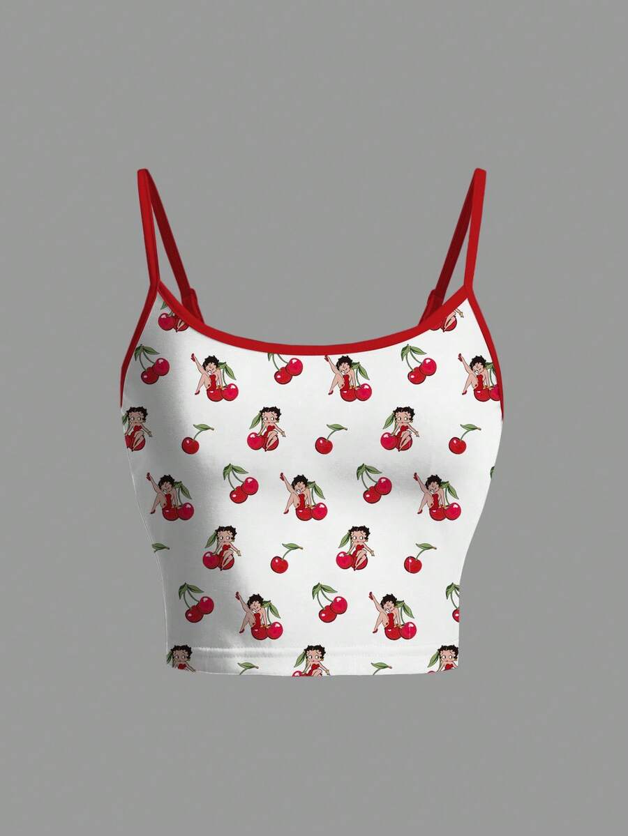 Betty Boop x SHEIN 女士卡通人物图案休闲时尚吊带背心 - 白色 - 查看 1