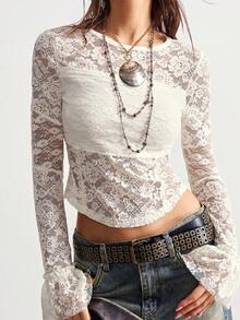 Bohemela 波西米亚风冬季圣诞节新年情人节派对休闲针织蕾丝衬衫圆领喇叭长袖女式上衣 - 杏色 - 查看 3