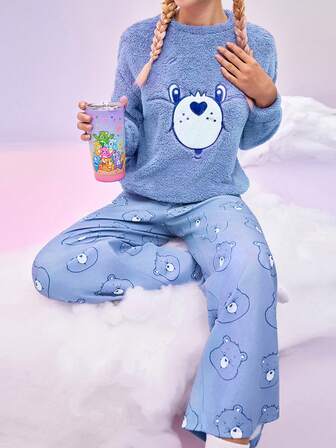 SHEIN X Care Bears 女士卡通刺绣毛绒上衣和裤子睡衣套装，秋冬服装，蓬松舒适