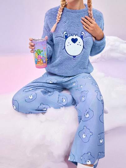 SHEIN X Care Bears 女士卡通刺绣毛绒上衣和裤子睡衣套装，秋冬服装，蓬松舒适