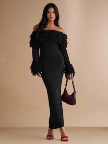 Silquee 女士时尚优雅露肩修身毛衣连衣裙，秋冬季款 - 黑色 - 查看 3