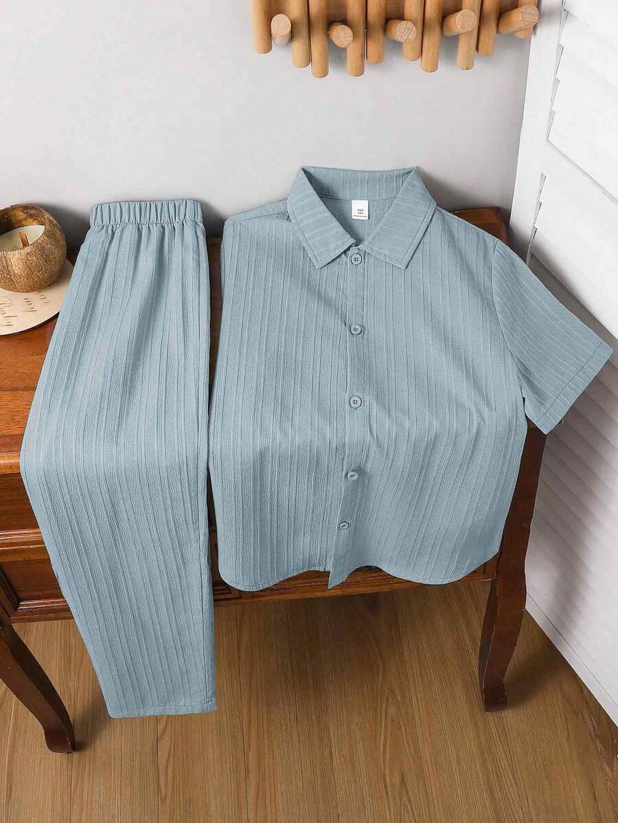 SHEIN 2pcs Tween Boy Dusty Blue Summer Casual Family Matching Wave Pattern Polo Collar Short Sleeve T-Shirt & Elastic Waist Pants Set For School,Party - Dusty Blue - View 1