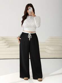 SHEIN EZwear Plus Size Women's Black & White Contrast Ruffle Hem Belted Wide Leg Loose Casual Pants - Black and White - View 4