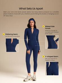 GLOWMODE 24英寸 FeatherFit™-Air Glow Giver 柔软透气吸汗前拉链罗纹侧边拼接塑形缝线拇指孔深V露背缝线可拆卸胸垫长袖连体裤低冲击日常运动服秋冬 - Dark Blue - 查看 2