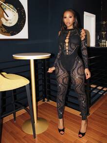 BamGleam Macacão Casual Sexy Feminino com Recortes e Decoração de Strass