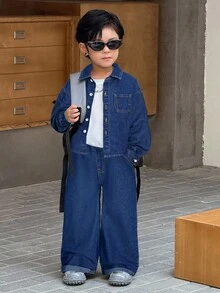 SHEIN 2pcs Young BoyGray Denim Lapel Long Sleeve Shirt And Loose Fit Pants Set - Dark Wash - View 7