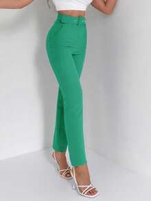 EURMUSE Solid High Waist Belted Suit Pants - Green - View 3