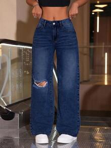 SHEIN EZwear 大码女式做旧个性化时尚直筒牛仔裤 - 深色水洗藍 - 查看 3
