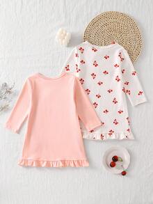 2件套女婴粉色樱桃图案长袖阻燃睡衣 - 藕粉色 - 查看 2
