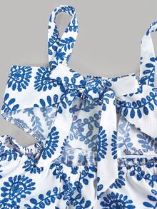 Emery Rose Kids Emery Rose Kids Young Girl Blue Totem Print Detachable Bow Decor Dress, Fashionable Design Suitable For Outdoor Vacation Blue And White Floral Dress Girls Open Back Dress For Kids Twirl Dress Girls Tween Blue And White Dress