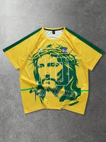 ROMWE MEN Prep Camiseta de manga corta de cuello redondo casual con estampado de fútbol para hombre, verano - amarillo ganso - Ver 3