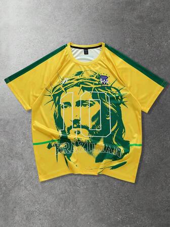 Prep Camiseta de manga corta de cuello redondo casual con estampado de fútbol para hombre, verano